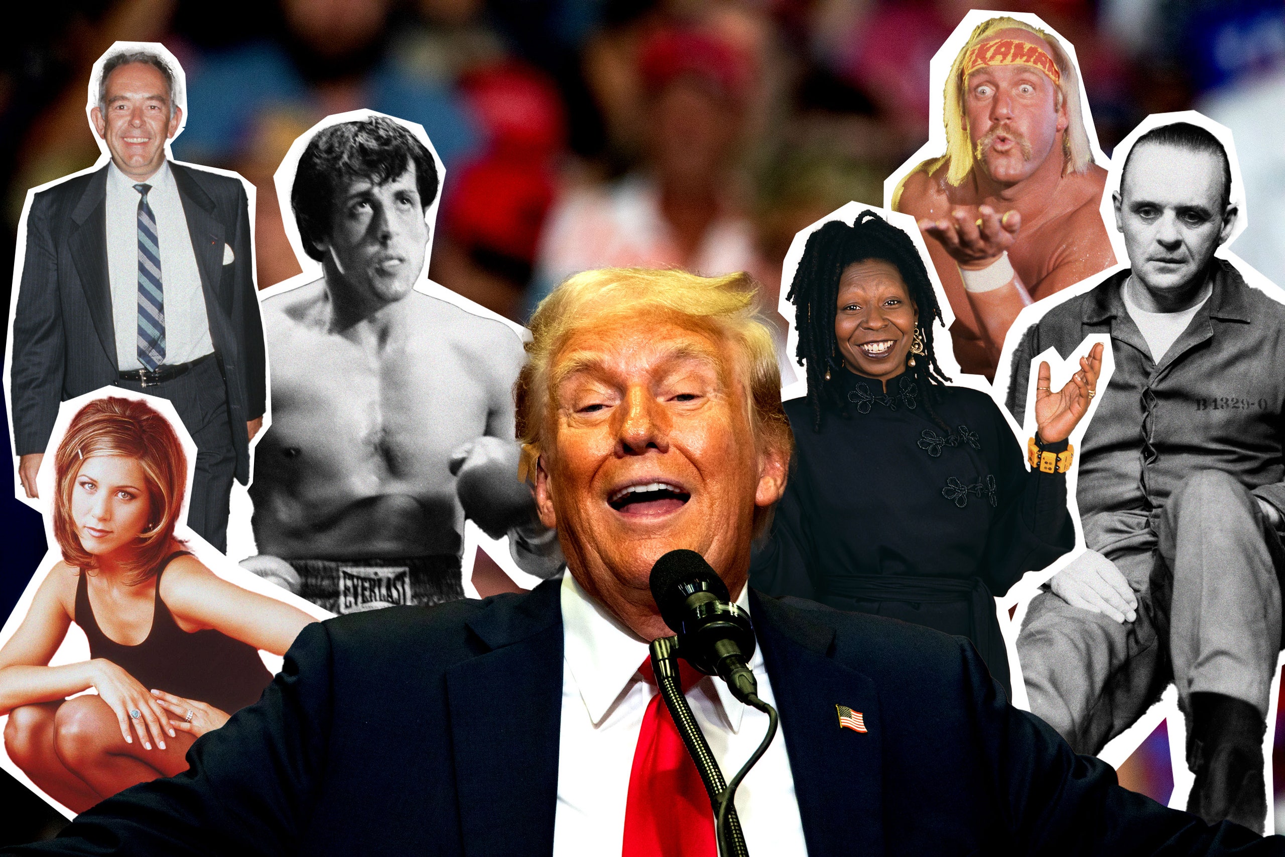 Image may contain Donald Trump Sylvester Stallone Anthony Hopkins Hulk Hogan Whoopi Goldberg and Jennifer Aniston